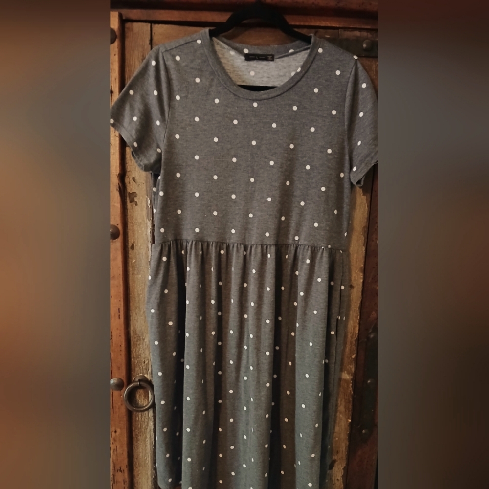 L cotton Gray Polka Dot Midi Dress